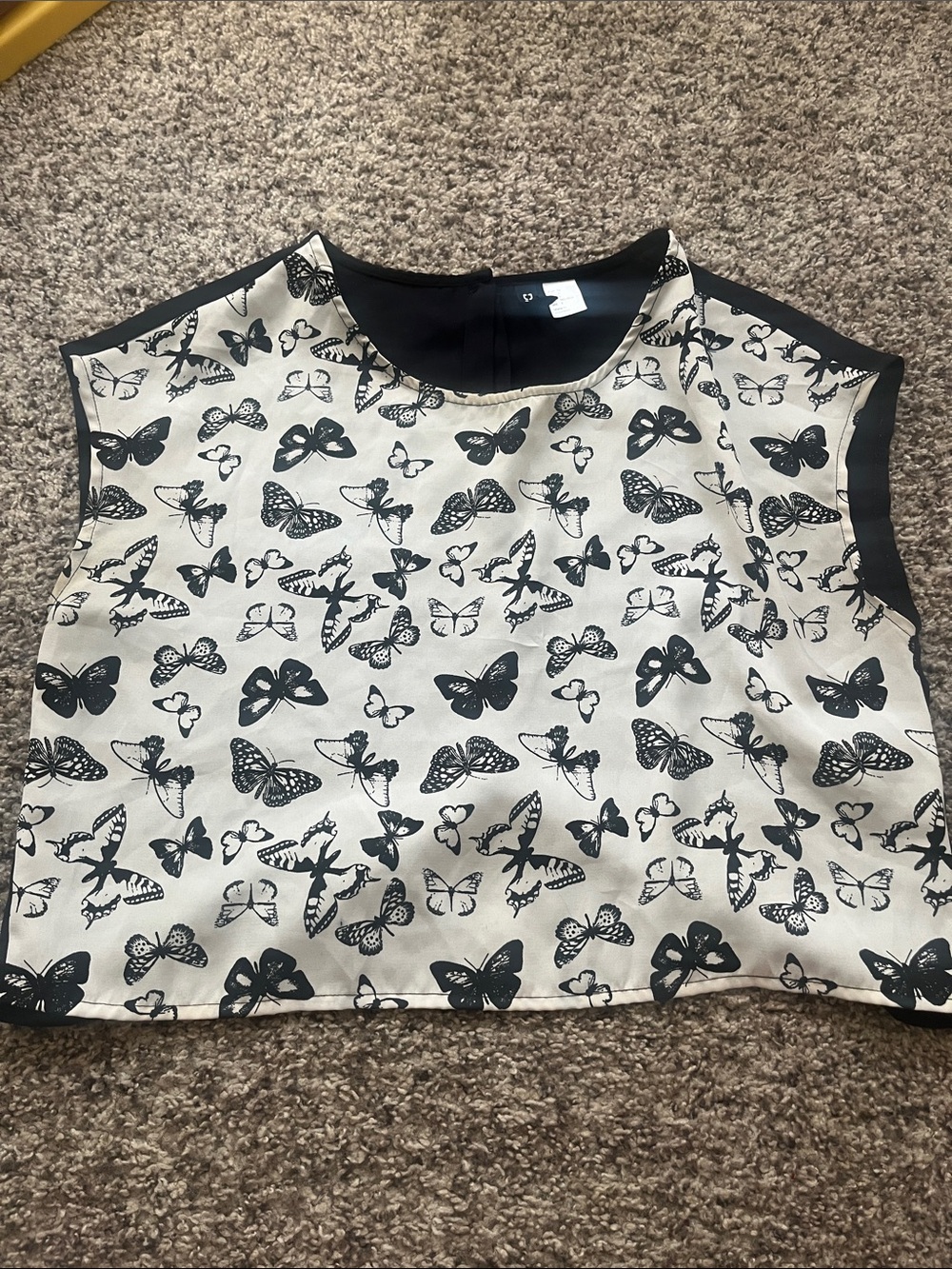 H&M Cream and Black Butterfly Print Cap-Sleeve Blouse